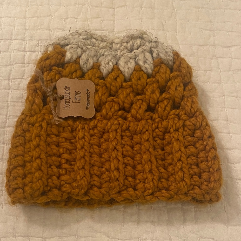 Handmade Knit Beanie - Mustard and Cream